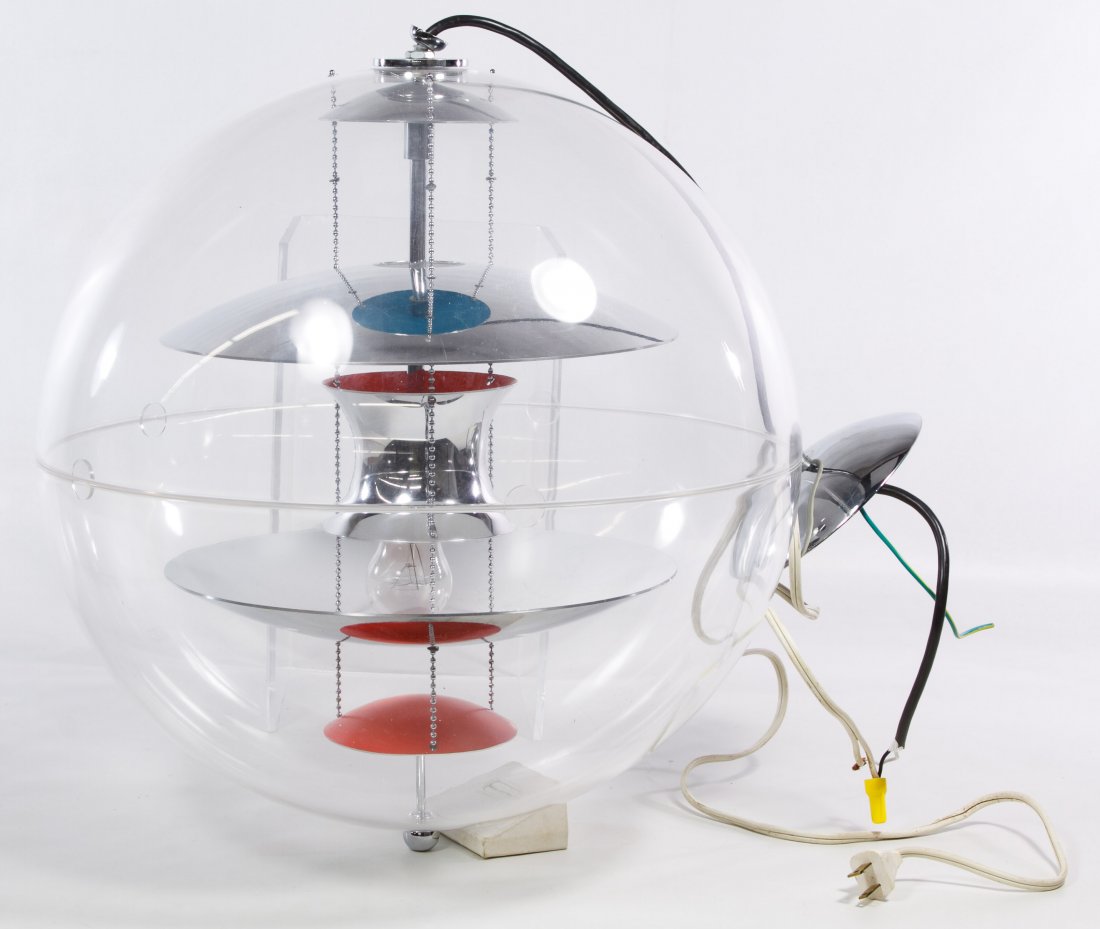 (After) Verner Panton Vp Globe Hanging Lamp by Moooi: (After) Verner Panton Vp Globe Hanging Lamp by Moooi c.2009, having a round lucite exterior with red and blue interior; attached Moooi company label on the inside of ceiling cap Diameter: 13.00 inches