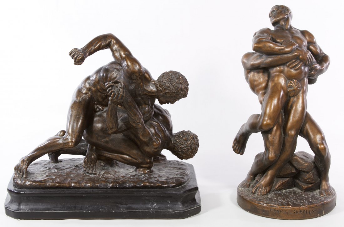 A. Santini (Italian, 20th Century) 'Wrestlers' Plaster: A. Santini (Italian, 20th Century) 'Wrestlers' Plaster Statue Together with a plaster wrestlers statue by Universal Height: 15.50 inches (tallest) Category: Decorative Arts > Statues Shipping Status: