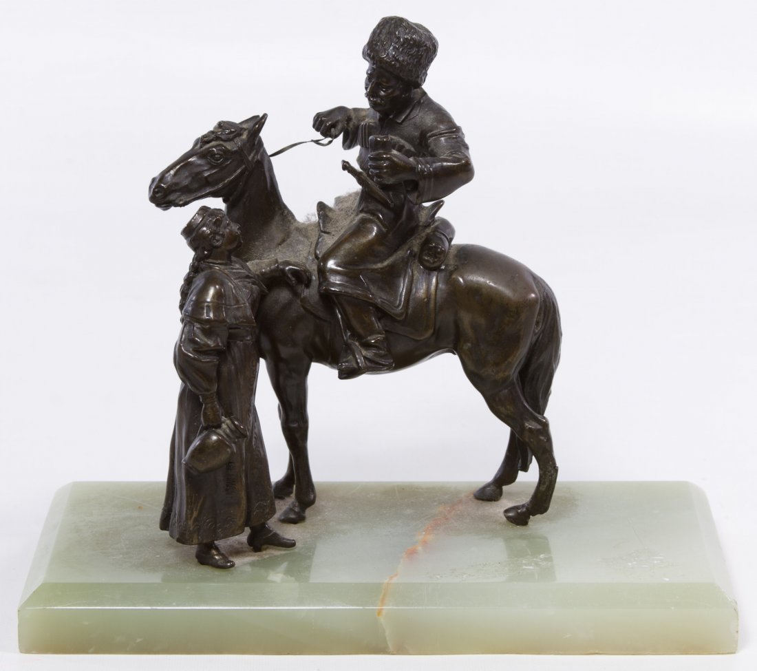 German Metal Horse Riding Statue: German Metal Horse Riding Statue 20th Century, depicting a soldier with a beverage in his left hand talking to a female; mounted on a green alabaster plinth Height: 7.00 inches, Width: 8.50 inches, De