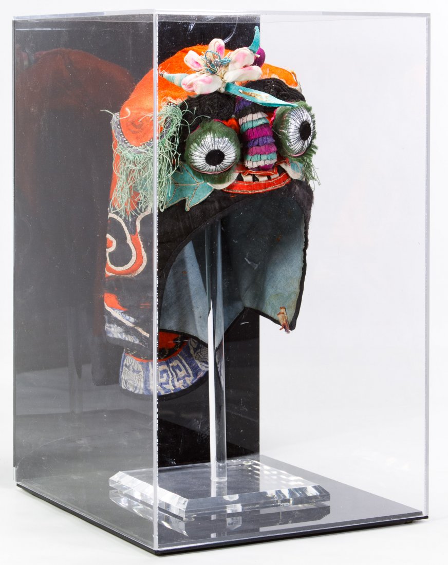 Chinese Silk Embroidered Child's Hat: Chinese Silk Embroidered Child's Hat Having cotton and silk applique decoration with silver eyes, pleated nose and mouth on forehead area; mounted in a customized display box Height: 15.00 inches, Wid