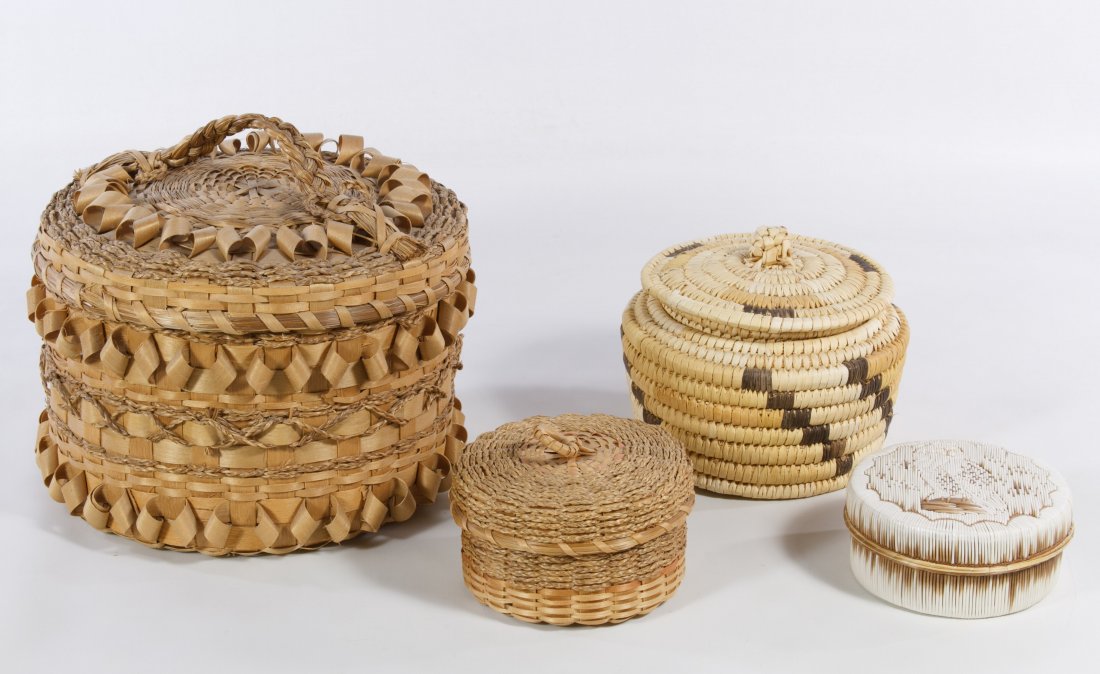 Native American Basket Assortment: Native American Basket Assortment Four items including a large Passamaquoddy sweet grass basket by Virginia Wiseman, a porcupine quillwork and birch bark box by Donald Naganashe, a lidded coil basket,