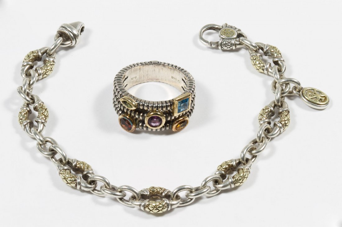 Scott Kay Sterling Silver and 18k Gold Bracelet: Scott Kay Sterling Silver and 18k Gold Bracelet Having the 'SK' initial mark on the clasp; together with a sterling silver and 14k gold ring; ring has stamped 14k gold and sterling silver mark Length: