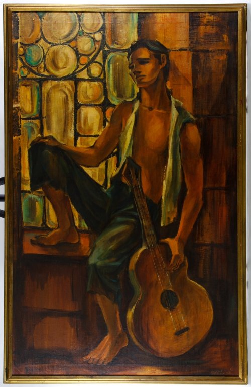 George Michaud (American, 1929-1970) 'Balladeer' Oil on: George Michaud (American, 1929-1970) 'Balladeer' Oil on Canvas Undated, signed lower right, depicting a young man with a guitar Height: 48.00 inches, Width: 30.00 inches (canvas) Frame Size: 50.00 inc