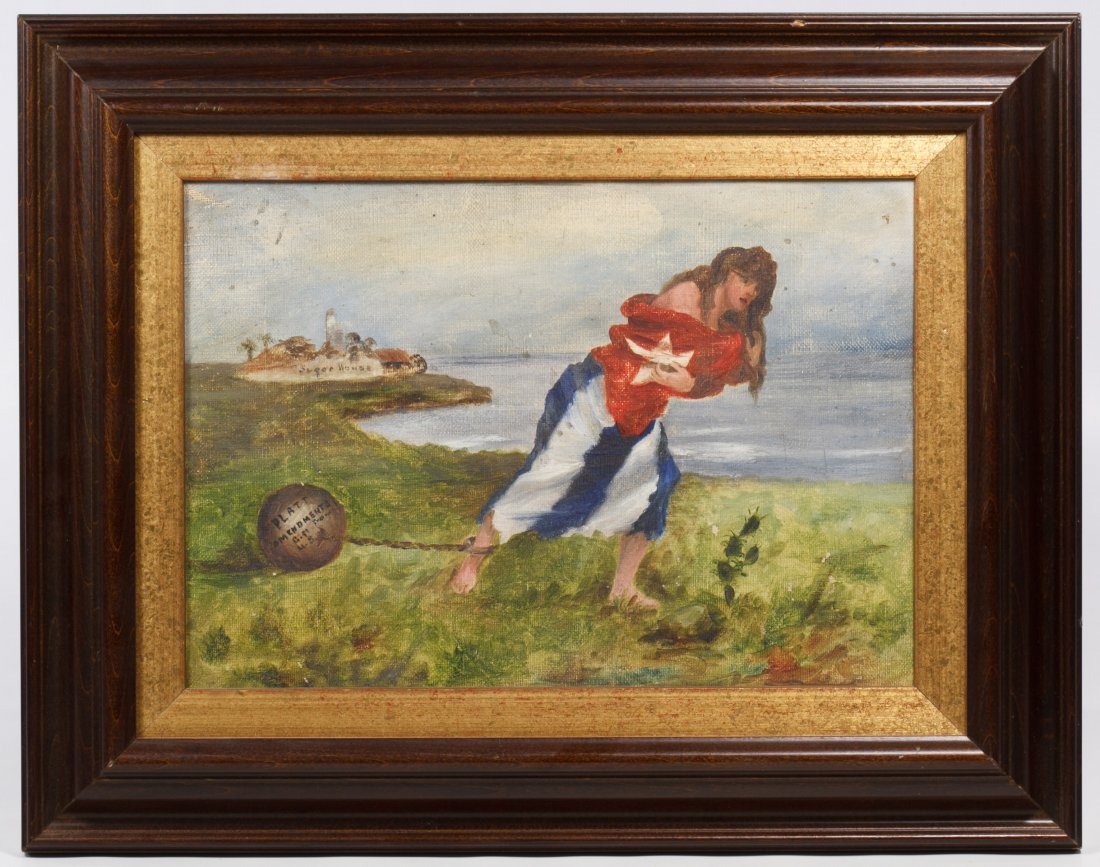 Unknown Artist (American, 19th / 20th Century) 'Platt: Unknown Artist (American, 19th / 20th Century) 'Platt Amendment' Oil on Canvas c.1902, unsigned, depicting a female wrapped in a Cuban flag with weighted ball attached to her ankle Height: 7.50 inches