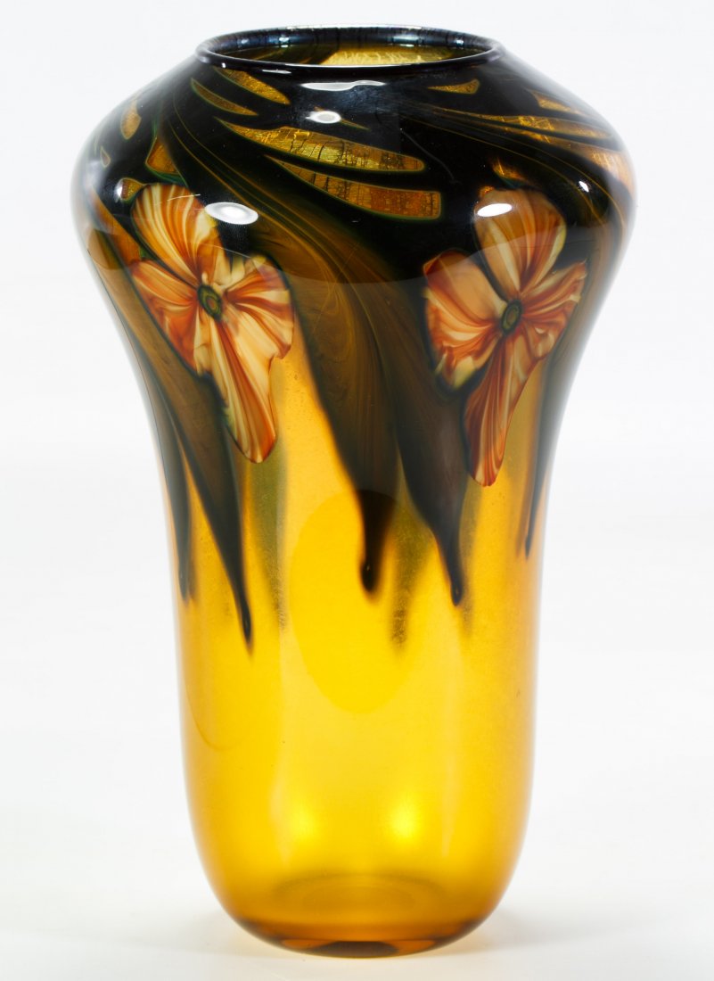 (Attributed to) Charles Lotton Floral Glass Vase: (Attributed to) Charles Lotton Floral Glass Vase American, unsigned, having five flowers Height: 10.00 inches Category: Glass > Art Glass Shipping Status: Leonard Auction, Inc. will directly ship via