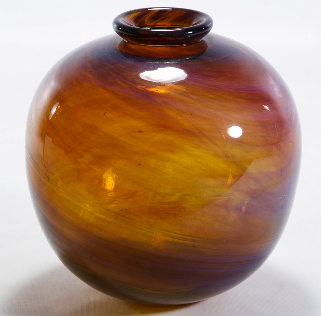 Mark Peiser Art Glass Vase: Mark Peiser Art Glass Vase 1971, having a violet swirl bulbous form; signed on underside Height: 8.00 inches, Diameter: 8.00 inches Category: Glass > Art Glass Shipping Status: Leonard Auction, Inc. w