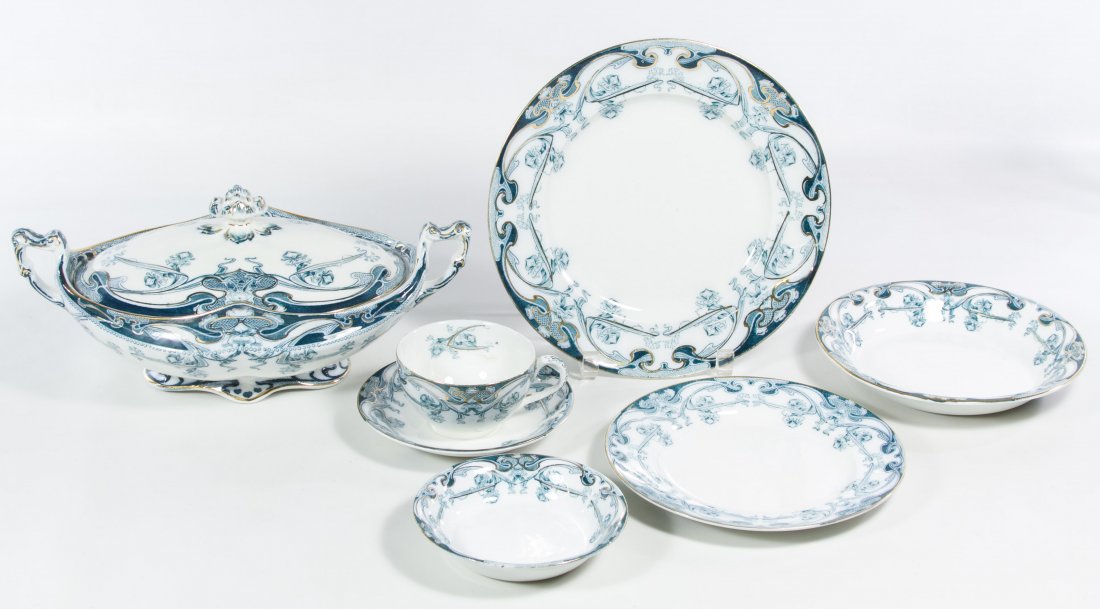 AJ Wilkinson / Royal Staffordshire "Iris - Blue / Green: AJ Wilkinson / Royal Staffordshire 'Iris - Blue / Green' China Service c.1928 service having gold accents and including (14) dinner plates, (16) dessert plates, (14) bread plates, (6) salad plates, (2