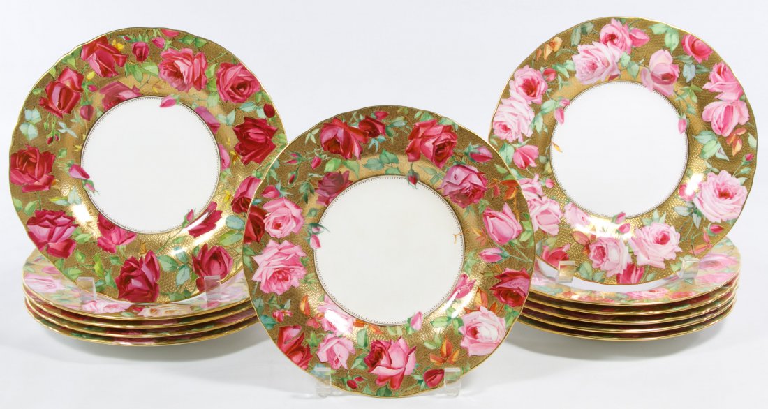 Minton for Spaulding Co. Luncheon Plates: Minton for Spaulding Co. Luncheon Plates Twelve plates having a gold gilt and rose motif Diameter: 9.00 inches Category: Porcelain & Ceramics > China Services Tax Status: Subject to an 8.25% sales tax