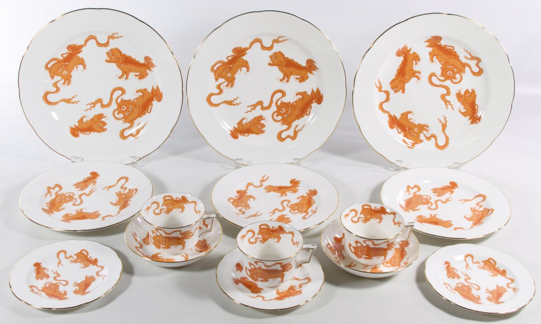 Wedgwood 'Red Chinese Tigers' China Service: Wedgwood 'Red Chinese Tigers' China Service Contemporary service made for Williamsburg; including (3) dinner plates, (3) luncheon plates, (3) dessert plates, (3) coffee cups and (2) saucers; together 