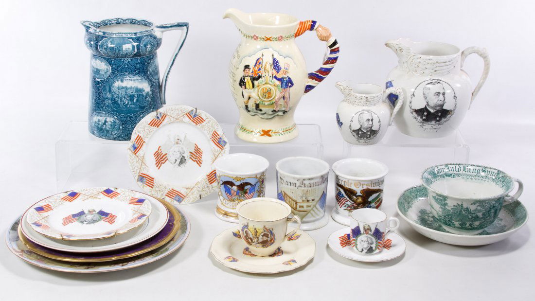 Patriotic and Commemorative China Assortment: Patriotic and Commemorative China Assortment Two boxes; including three shaving mugs, two Admiral Dewey pitchers, a Discovery of America pitcher, a Star Spangled Banner pitcher, Foley China Washington