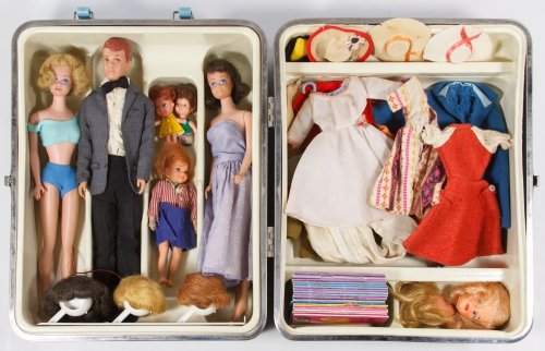Mattel Barbie Family Doll and Clothes Assortment: Mattel Barbie Family Doll and Clothes Assortment 1962 to 1965 era items including two Midge dolls, an Allan and a Todd doll, vintage Barbie tagged clothes, home-made clothes, a Barbie wedding carrying