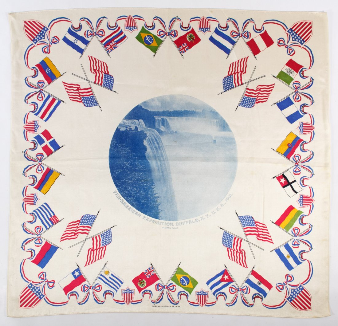 1876 US Centennial Commemorative Textile Assortment: 1876 US Centennial Commemorative Textile Assortment Six items including (3) 1875 International flag textiles with 39-star American flags for the Philadelphia Centennial Expo, an 1876 American Centenni