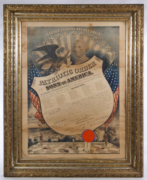 1889 Patriotic Order Sons of America Pennsylvania: 1889 Patriotic Order Sons of America Pennsylvania Document Having a Pennsylvania State Camp ribbon lower right; labeled 'God, Our Country, and Our Order' at the top; produced by Theo Leonhardt & Co. H