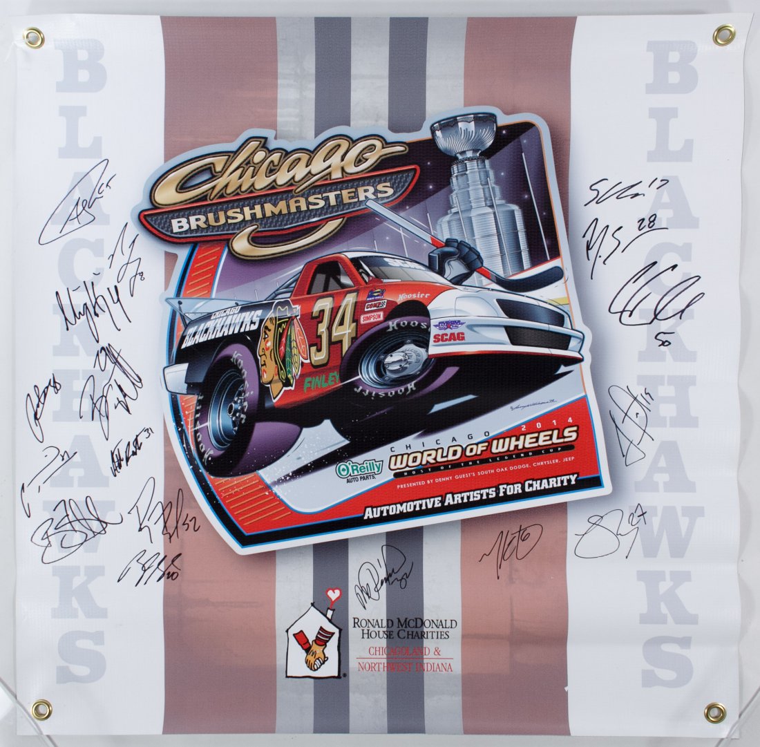 2014 Chicago Blackhawks Signed Hockey Banner: 2014 Chicago Blackhawks Signed Hockey Banner Having the signatures / initials in black marker of Jonathan Toews, Corey Crawford, Antti Raanta and Andrew Shaw on a vinyl poster with brass grommets Heig