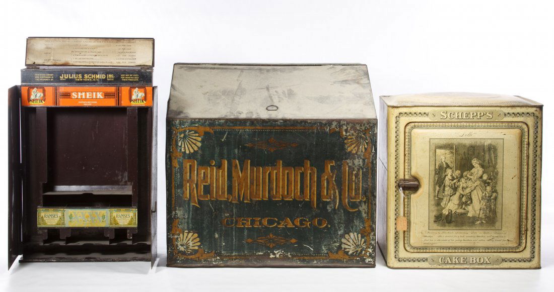 Advertising Tin Assortment: Advertising Tin Assortment Three tin items including a Julius Schmid Sheik condom counter display box, a Schepp's cake box and a Reid Murdoch & Co. box Height: 17.00 inches, Width: 11.50 inches (condo