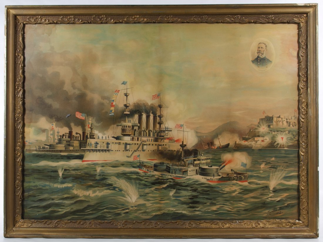 Merrimac Print and USS Fleet Printed Textile: Merrimac Print and USS Fleet Printed Textile Two items including a c.1905 printed silk souvenir kerchief of the 'U.S.S. Fleet' and a Xanthus Smith chromolithograph depicting the sinking of the Merrima