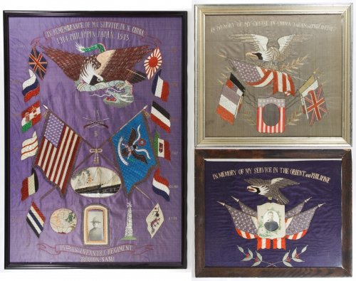 Phillipine War Embroidered Memorials: Phillipine War Embroidered Memorials Three framed embroideries with the largest representing a soldier from the 15th US Infantry Regiment and the US A.T. Sherman ship Height: 32.50 inches, Width: 22.5