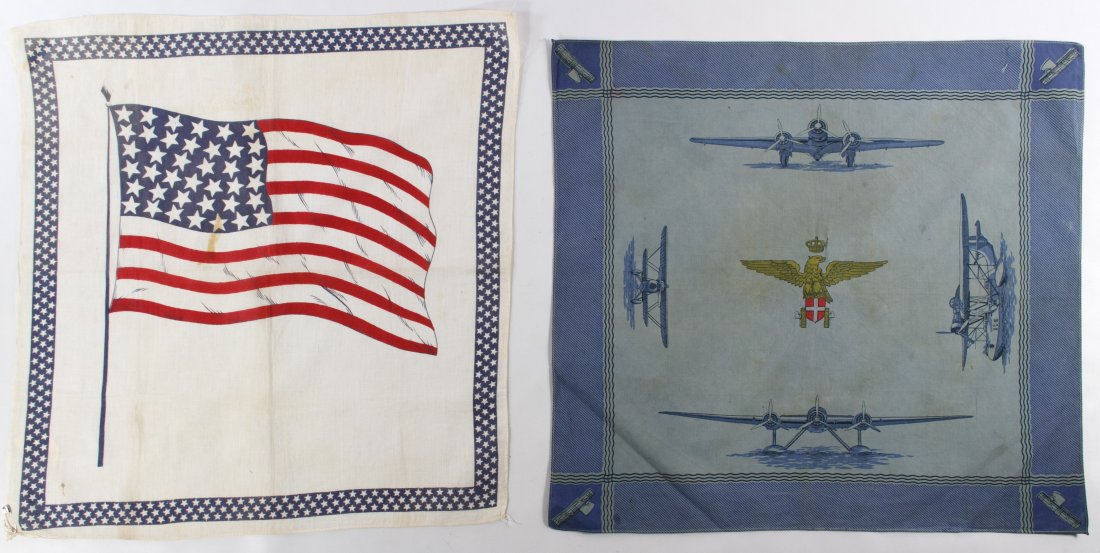 World War I Printed Commemorative Textile Assortment: World War I Printed Commemorative Textile Assortment Seven items including silk bandannas or handkerchiefs with world flags, a 39-star cotton American flag bandanna, a blue silk textile with airplanes