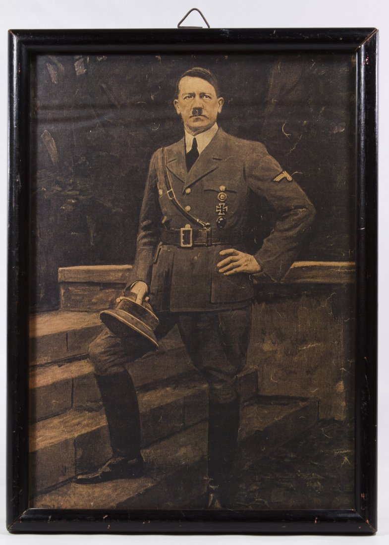 Adolph Hitler Framed Print: Adolph Hitler Framed Print Having a full length color printed portrait of Hitler with Nazi stamps in lower left of print and en verso of the frame's paper backing Height: 14.50 inches, Width: 10.00 in
