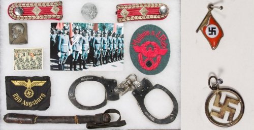 World War II German Patch and Token Assortment: World War II German Patch and Token Assortment Including a May Day tinnie, a cigarette parade card, a railroad worker patch and a police patch; together with red silk shoulder boards, a leather sap, a