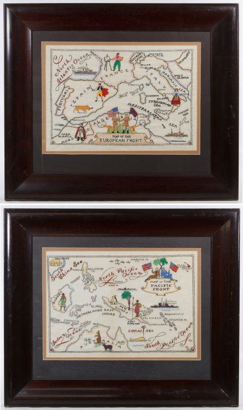World War II Homefront Embroidered Souvenir Maps: World War II Homefront Embroidered Souvenir Maps Both having the original 1944 paper packaging and map images distributed by Mary Ryan, New York-Chicago Height: 11.50 inches, Width: 16.50 inches (map 