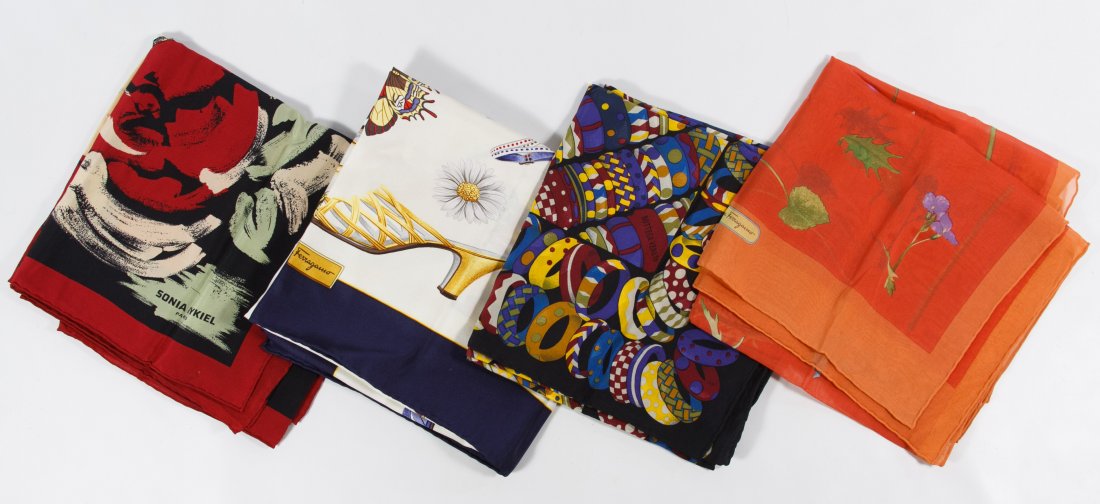 Designer Scarf Assortment: Designer Scarf Assortment Four items including two Ferragamo, a Bottega Venata and a Sonia Rykiel Height: 34.50 inches, Width: 35.50 inches (shoe print scarf) Category: Clothing & Accessories > Scarve