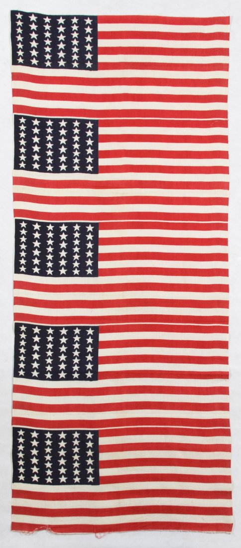39-Star Uncut American Flags: 39-Star Uncut American Flags c.1889 printed cotton single sheet of five flags representing the possible addition of Dakota as one state Height: 24.50 inches, Width: 58.00 inches Category: Collectibles