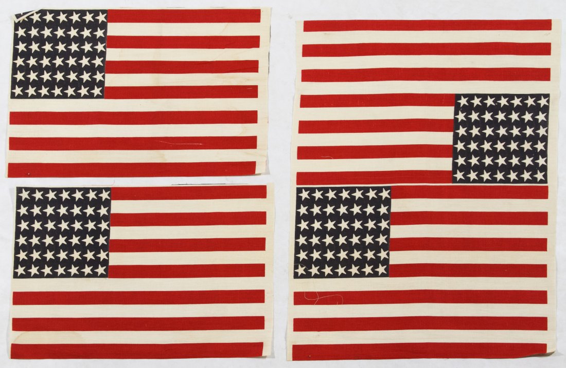 42-Star American Flag Assortment: 42-Star American Flag Assortment c.1890 four printed cotton flags; two cut and two uncut on same sheet Height: 12.00 inches, Width: 18.00 inches (each single flag) Category: Collectibles > Political S