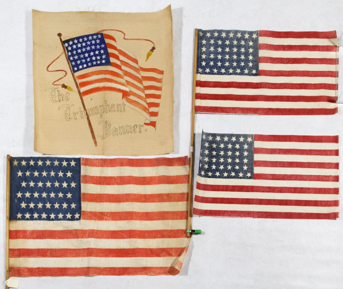 44-Star American Flag Assortment: 44-Star American Flag Assortment Four items including three c.1891 cotton printed 44-star flags and a hand painted 'Triumphant Banner' fabric sign Height: 17.00 inches, Width: 26.00 inches (largest) C