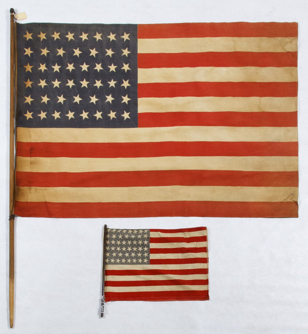 46-Star American Flag Assortment: 46-Star American Flag Assortment c.1908 four cotton printed flags on wooden poles Height: 31.00 inches, Width: 43.00 inches (largest) Category: Collectibles > Political Shipping Status: Due to size, w