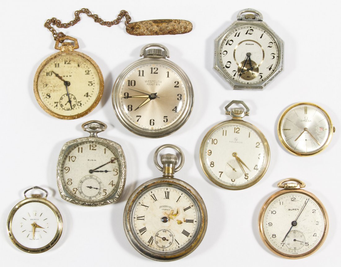 Open Face Pocket Watch Assortment: Open Face Pocket Watch Assortment Seven pocket watches including Elgin, Waltham, Westclox, and Ingersoll, some having gold filled cases; together with an Omega wrist watch and a faux pocket watch Diam