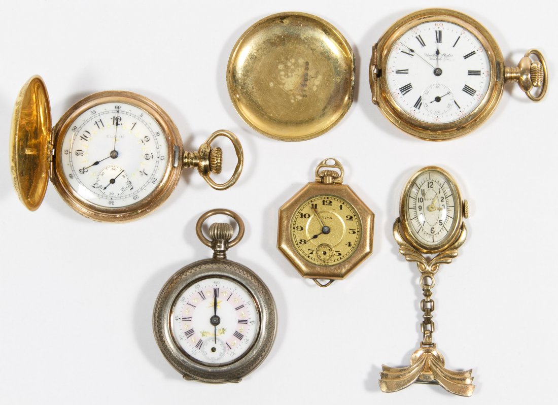 Gold Filled and (.800) Silver Watch Assortment: Gold Filled and (.800) Silver Watch Assortment Four gold filled / plated watches including two pendant wind and set hunter case pocket watches including an Elgin enamel face serial #13479097 dating to