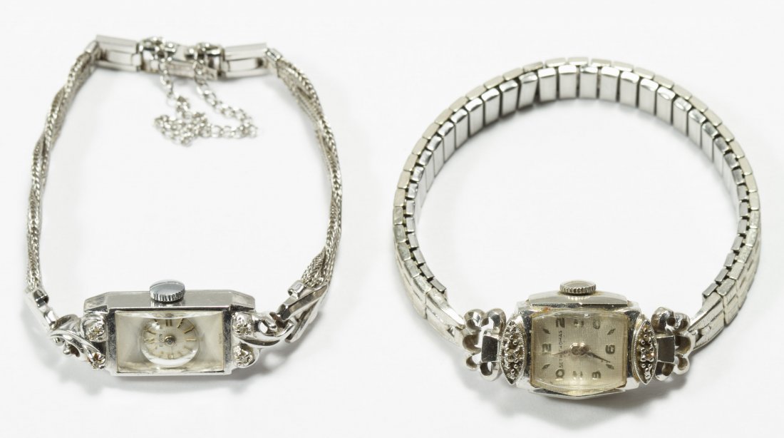 14k White Gold Case Wrist Watch Assortment: 14k White Gold Case Wrist Watch Assortment Two watches including Elgin and Seth Thomas, both with Swiss movements having 17 jewels, on partially gold filled bands and having unusual shaped crystals Le