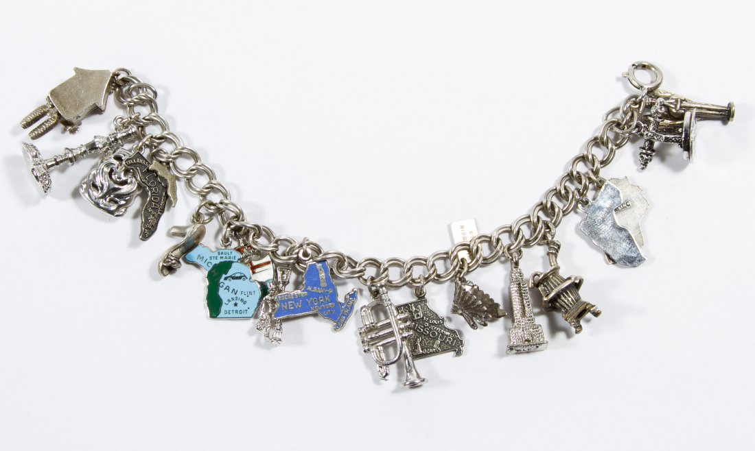 Sterling Silver Charm Bracelet: Sterling Silver Charm Bracelet Nineteen charms, marked on clasp and most charms Length: 7.00 inches Weight: 38.07 dwts. (total weight) Category: Jewelry & Timepieces > Sterling Silver Shipping Status: