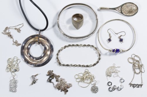 Sterling Silver Jewelry Assortment: Sterling Silver Jewelry Assortment Including seven chain necklaces, some with pendants, a circular pendant on a rubber necklace, a bangle bracelet, a link bracelet set with crystals and marcasite, a r