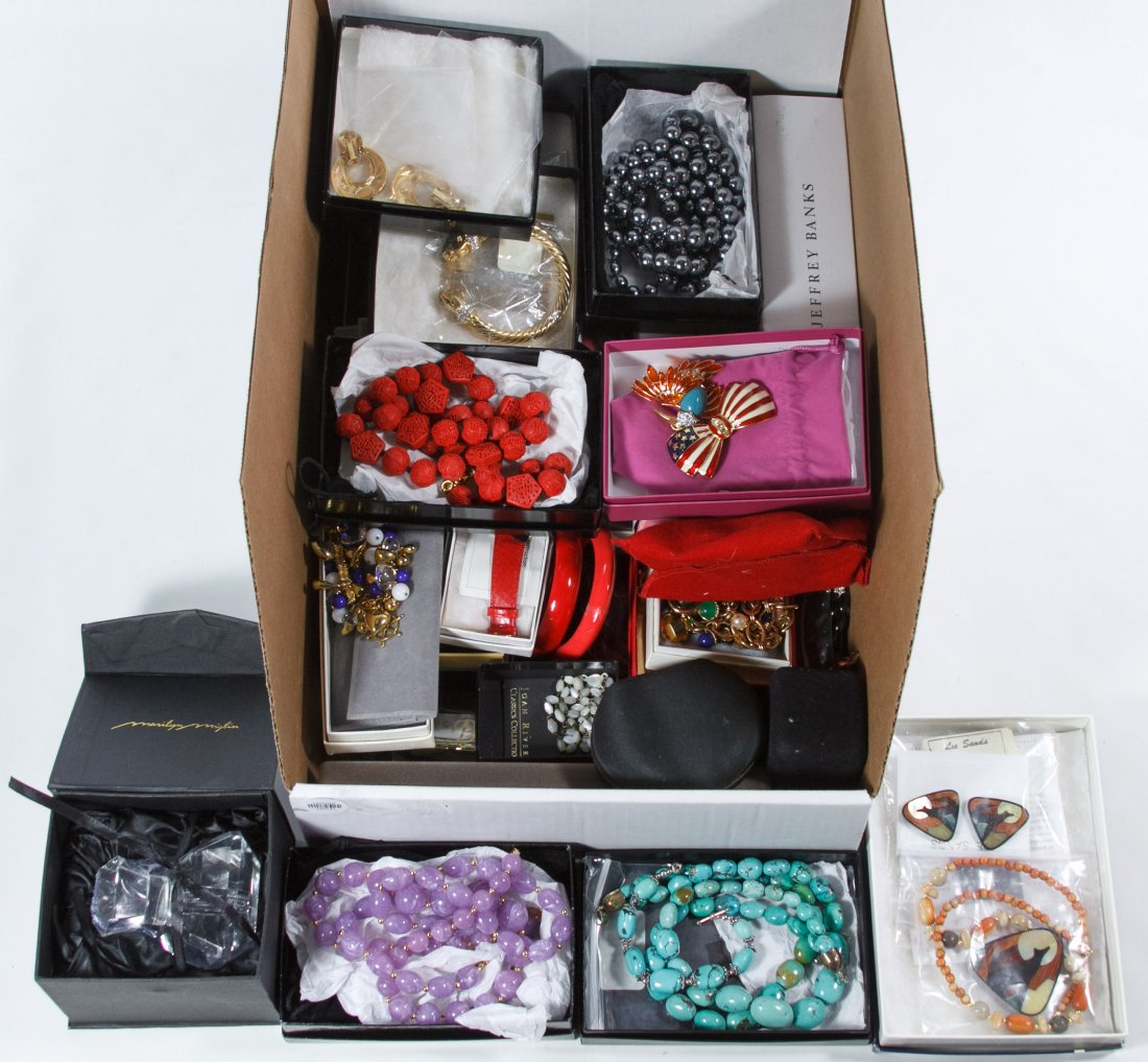 Designer Costume Jewelry Assortment: Designer Costume Jewelry Assortment Including necklaces, earrings and watches with examples from Joan Rivers, Jackie Collins, Invicta, Jeffrey Banks and Marilyn Miglin perfume bottle Category: Jewelry