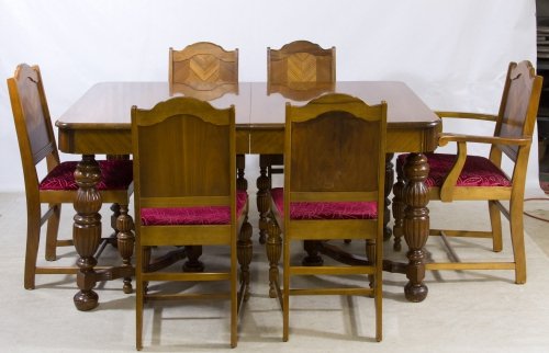 Mahogany Veneer Waterfall Table and Six Chairs: Mahogany Veneer Waterfall Table and Six Chairs c.1940, having one captain and five side chairs with upholstered seats Height: 40.00 inches, Length: 60.00 inches Category: Furniture > American Shipping