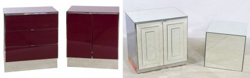 Mid-Century Modern Nightstands: Mid-Century Modern Nightstands Two pieces including one with three drawers and the other with two doors; together with a mirrored nightstand and cube display stand Height: 28.25 inches, Width: 24.75 i
