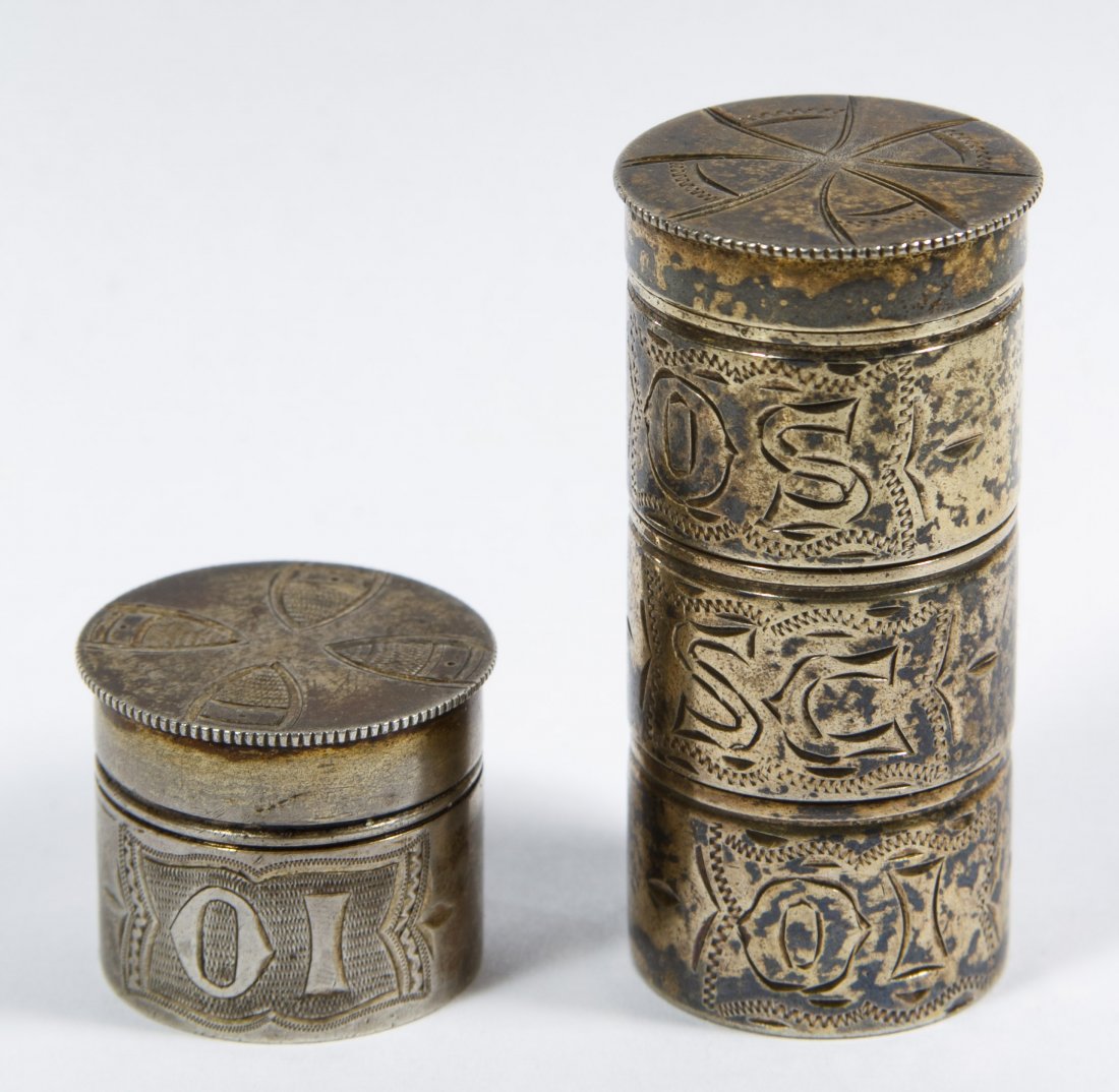 Sterling Silver Sick Call Kit Canisters: Sterling Silver Sick Call Kit Canisters Two pieces; Catholic Priest Sick Call Containers, gold wash interior; one having all three sections, one partial; marked on bottom Height: 2.25 inches (complete