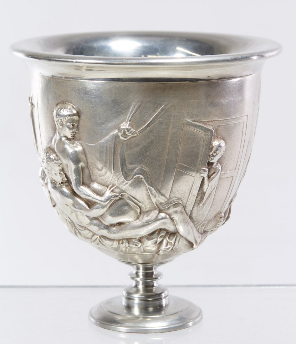 Silverplate 'Warren Cup' Erotic Vessel: Silverplate 'Warren Cup' Erotic Vessel c.2000 weighted reproduction by Visibility Arts of the Roman era homo-erotic 'Warren Cup' in the British Museum Height: 4.50 inches, Diameter: 4.25 inches Catego