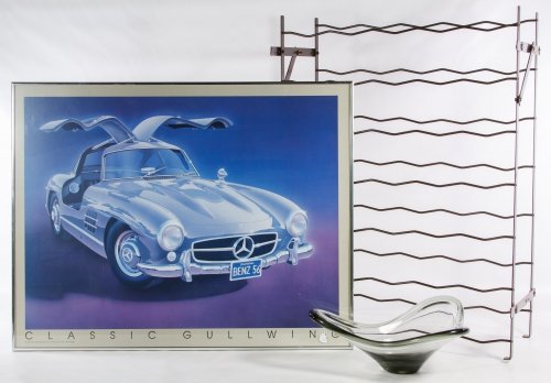 Wine Rack, Glass Bowl and Poster Assortment: Wine Rack, Glass Bowl and Poster Assortment Three items including a Rigidex thirty bottle wine rack, a 1959 Mid-Century Modern smoked art glass bowl by Holmegaard and a 1982 Mercedes Benz poster Heigh