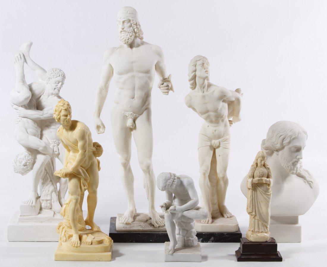 Ceramic and Resin Classical Statue Assortment: Ceramic and Resin Classical Statue Assortment Including male and Christ statues with two examples from A. Santini; the Christ bust has and incised mark 'R&L' en verso Height: 14.50 inches (tallest) Ca