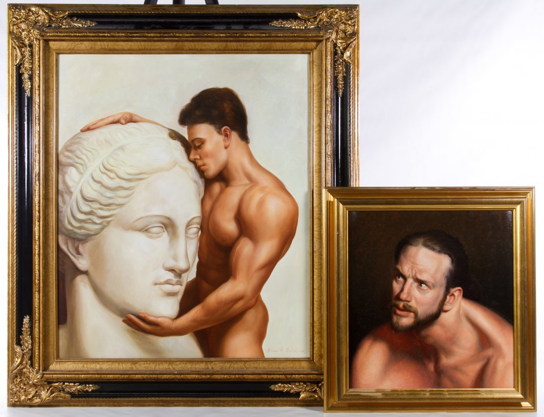 Robert Johnson (20th Century) Oil on Canvas: Robert Johnson (20th Century) Oil on Canvas Undated, signed lower right, depicting a nude male next to a female head; together with a nude male oil painting by Michael Chelich Height: 24.00 inches, Wi