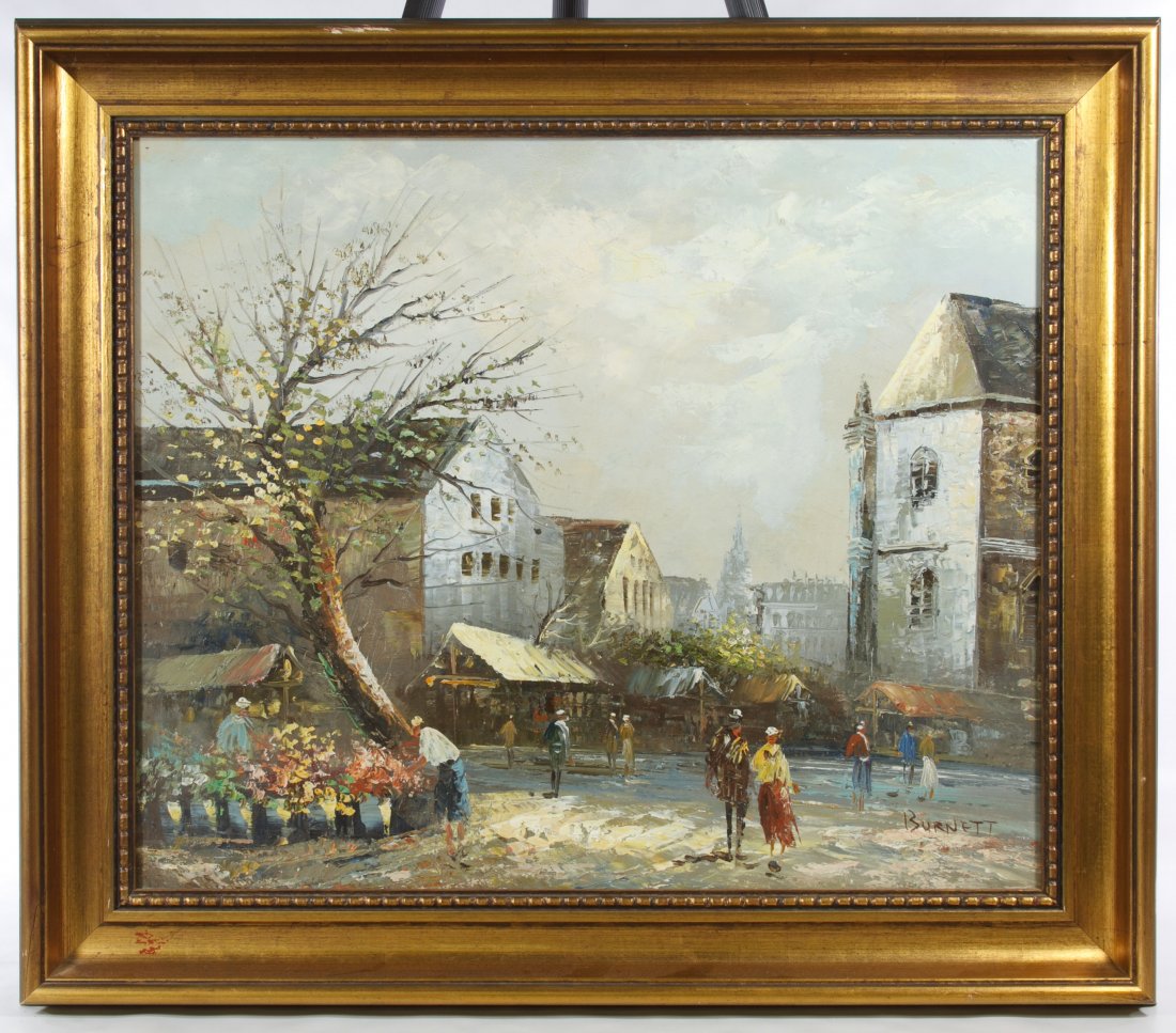 Caroline Burnett (British, 20th Century) Oil on Canvas: Caroline Burnett (British, 20th Century) Oil on Canvas Undated, signed lower right, depicting a European street scene Height: 20.00 inches, Width: 24.00 inches (canvas) Frame Size: 25.50 inches by 29.