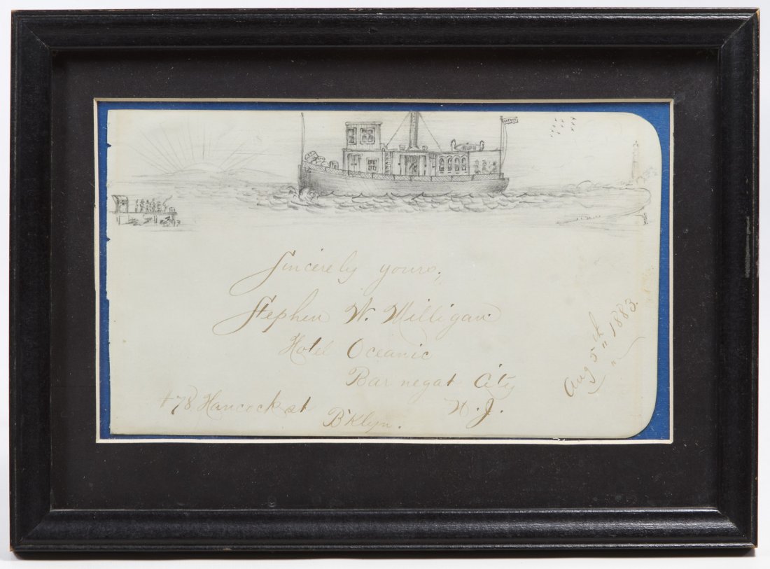 Stephen W. Milligan (19th Century) Pencil Sketch: Stephen W. Milligan (19th Century) Pencil Sketch 1889, signed middle center, depicting a summer tour boat and pier at the Hotel Oceanic in Barnegat City, New Jersey; framed and matted with glass Heigh