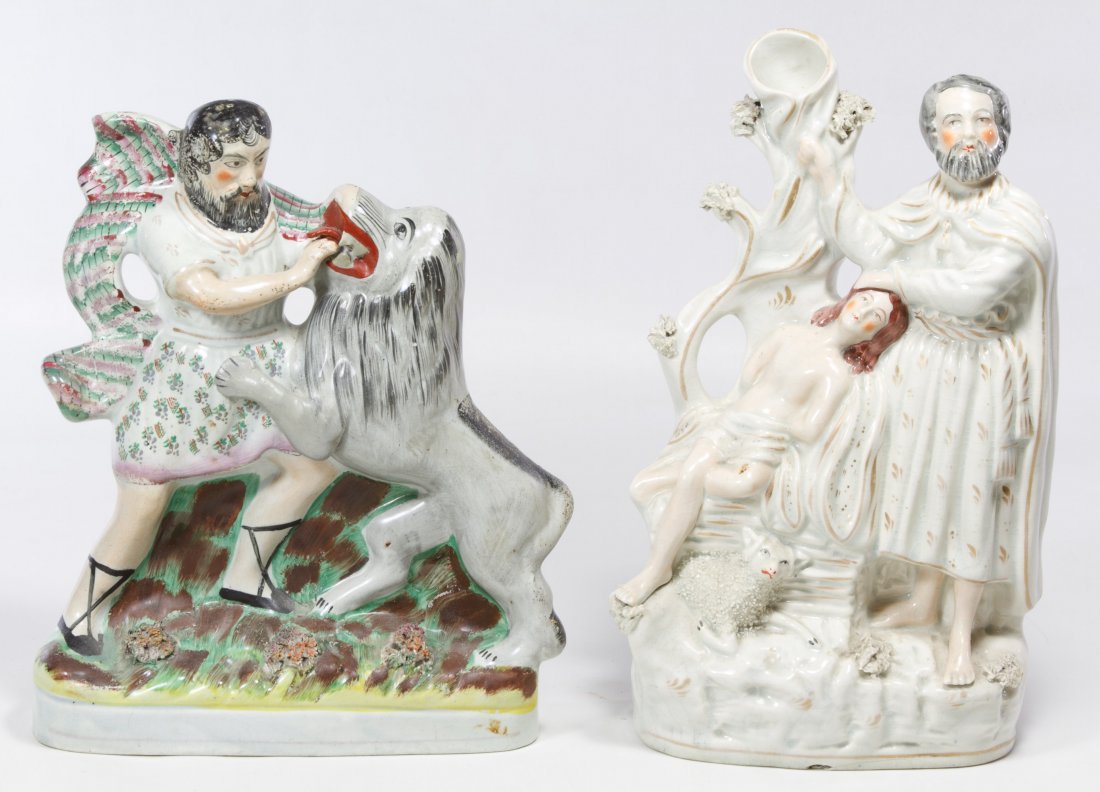 Staffordshire Style Ceramic Spill Vase and Figurine: Staffordshire Style Ceramic Spill Vase and Figurine Two unmarked items including a spill vase depicting Abraham and Isaac and a figurine of a Roman fighting with a lion Height: 12.50 inches (spill vas