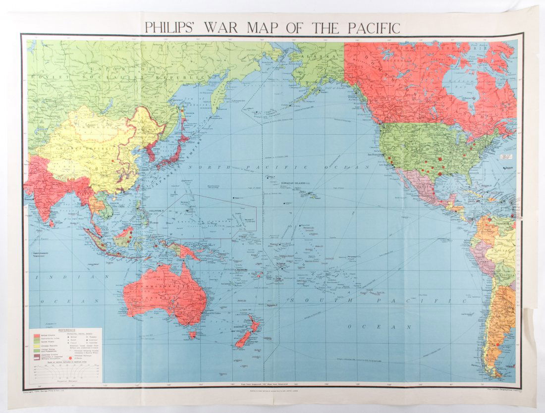 World War II Era American Printed Maps: World War II Era American Printed Maps Three maps including a 1946 'ADSEC in Action' mailer poster with the soldier's notes en verso, a 1939 Japanese Year Book map and a 1944 Philips War map of the Pa