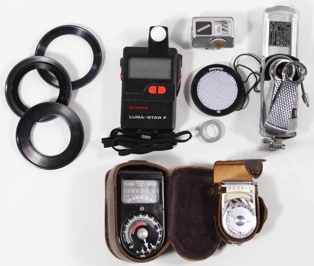 Gossen Luna-Star F Light Meter: Gossen Luna-Star F Light Meter Serial #2A5830; together with a Sekonic L-8 meter, Wedena meter, three step-up rings by Tiffen, Universal Exposure meter by Weston and three camera accessories Length: 5