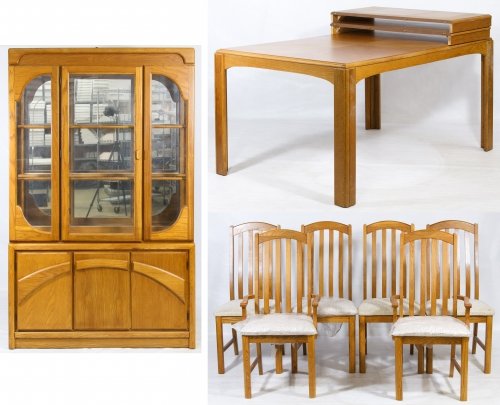 Oak Dining Room Set: Oak Dining Room Set Table with two leaves, six chairs and china cabinet Height: 31.00 inches, Length: 60.00 inches, Width: 41.00 inches (table without (2) 18 inch leaves) Category: Furniture > America