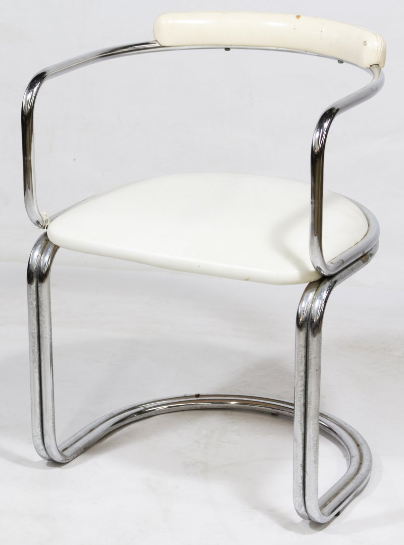 Mid-Century Modern Chrome and Leather Arm Chair by: Mid-Century Modern Chrome and Leather Arm Chair by (attributed to) Anton Lorenz c.1960, unmarked, having a white leather seat Height: 28.50 inches, Width: 20.50 inches, Depth: 15.50 inches Category: F